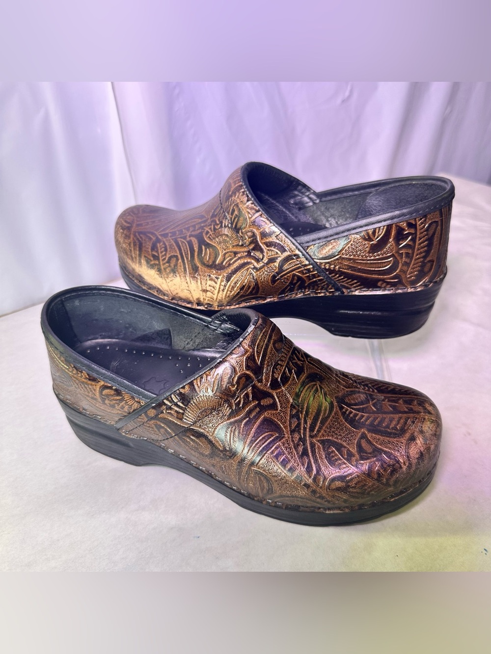 Dansko Metallic Embossed Brown Floral Clogs